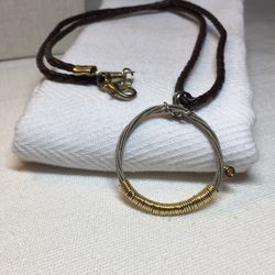 Guitar String Pendant On Brown Braided Leather Necklace 