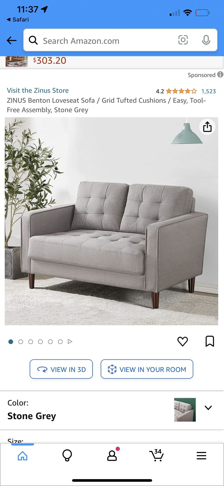 Zinus Benton Stone Grey Loveseat New In Box