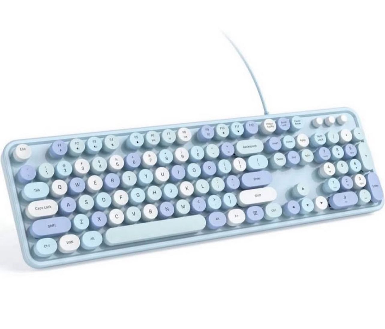 Brandnew Wired Computer Keyboard - Blue Colorful Retro Full Size Round Keycaps Plug and Play Typewriter Cute Keyboards for Windows, Laptop, PC, Deskto