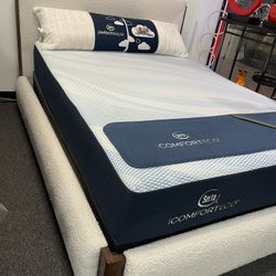 QUEEN SIZE BED FRAME  Snuggly Looking White Boucle Upholstery 