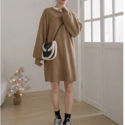Women Oversized Knit Sweater Dress Beige Brown Long Sleeve Casual Winter Mini
