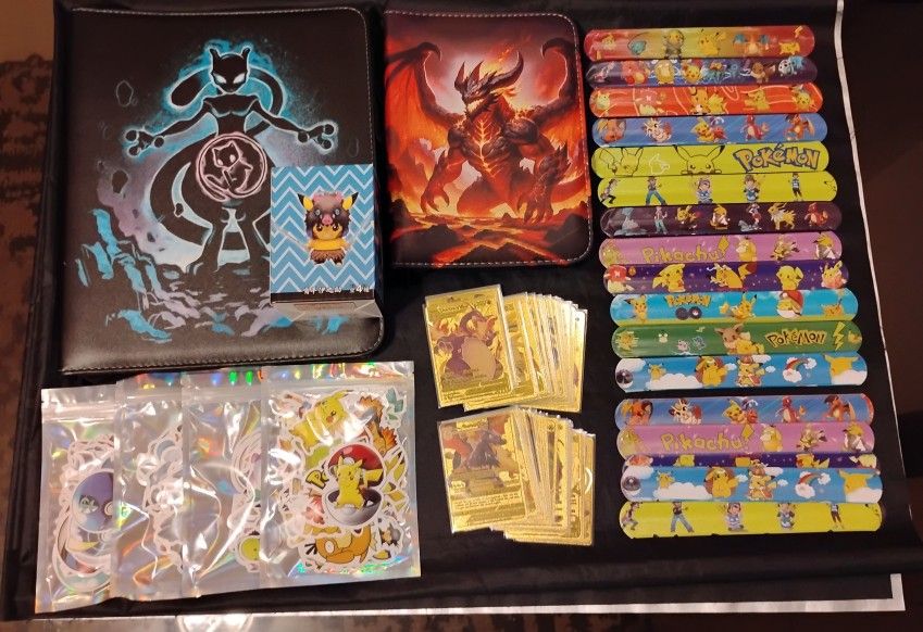 BIG Pokemon Card Binders W/Sheets,Stickers,Snap on Bracelets,Foil Cards Figure lot