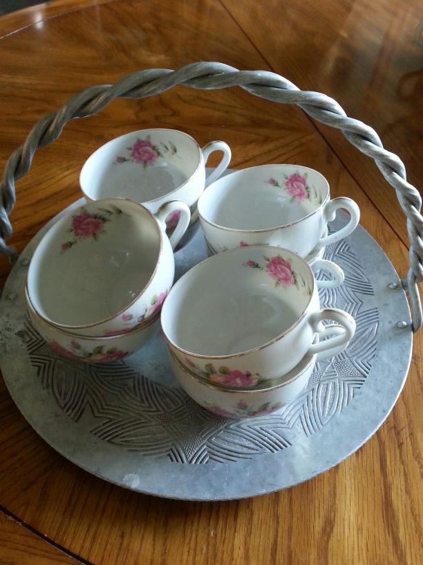 8 fine bone china antique cups on vintage tin cake tray