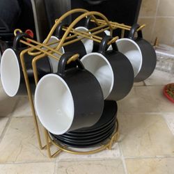 Expresso coffee set for 6 cups and saucers mate black with white interior and golden stand