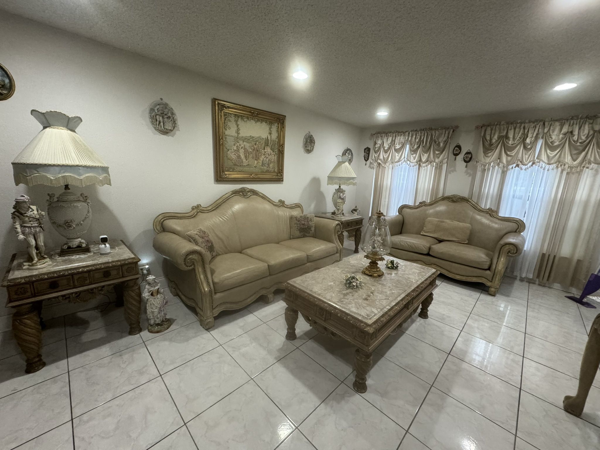 Leather Living Room Set of Sofa, Love Seat, 1 Marble Coffee Table, and 2 Marble Side Tables From City Furniture!!!