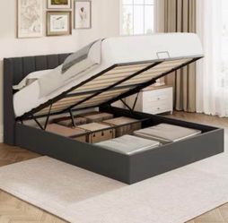 Brand New Queen Lift Up Storage Bed Frame w/ Upholstered Headboard