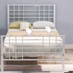 White Metal Bed Frame Twin-Size with Headboard and Footboard Single Platform Bed, Meta