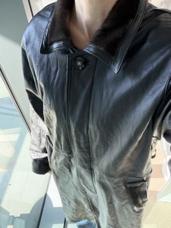 Black Leather Long Coat with Fur Trim – Button Front – Size M