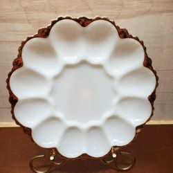 Fire King 24 Karat Milk Glass Gold Trimmed Egg Dish