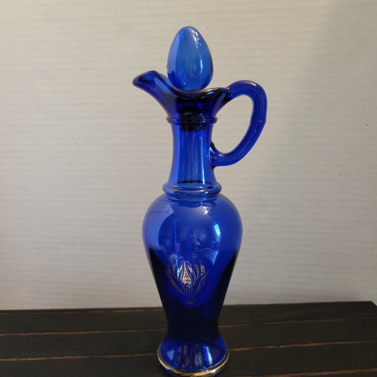 Vintage Small Avon Bottle Cobalt Blue & Gold Pitcher Vase w/ Stopper 9"