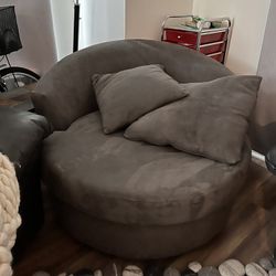 Oversized Gray Velvet Swivel Chair & 1/2