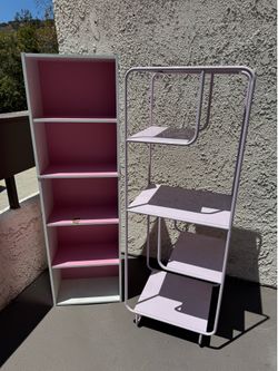 Pink Metal Bookshelf + Pink & White Bookcase Set of 2 Shelves