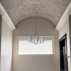 6 Light Brushed Nickel Chandelier With White Lined Glass Shades