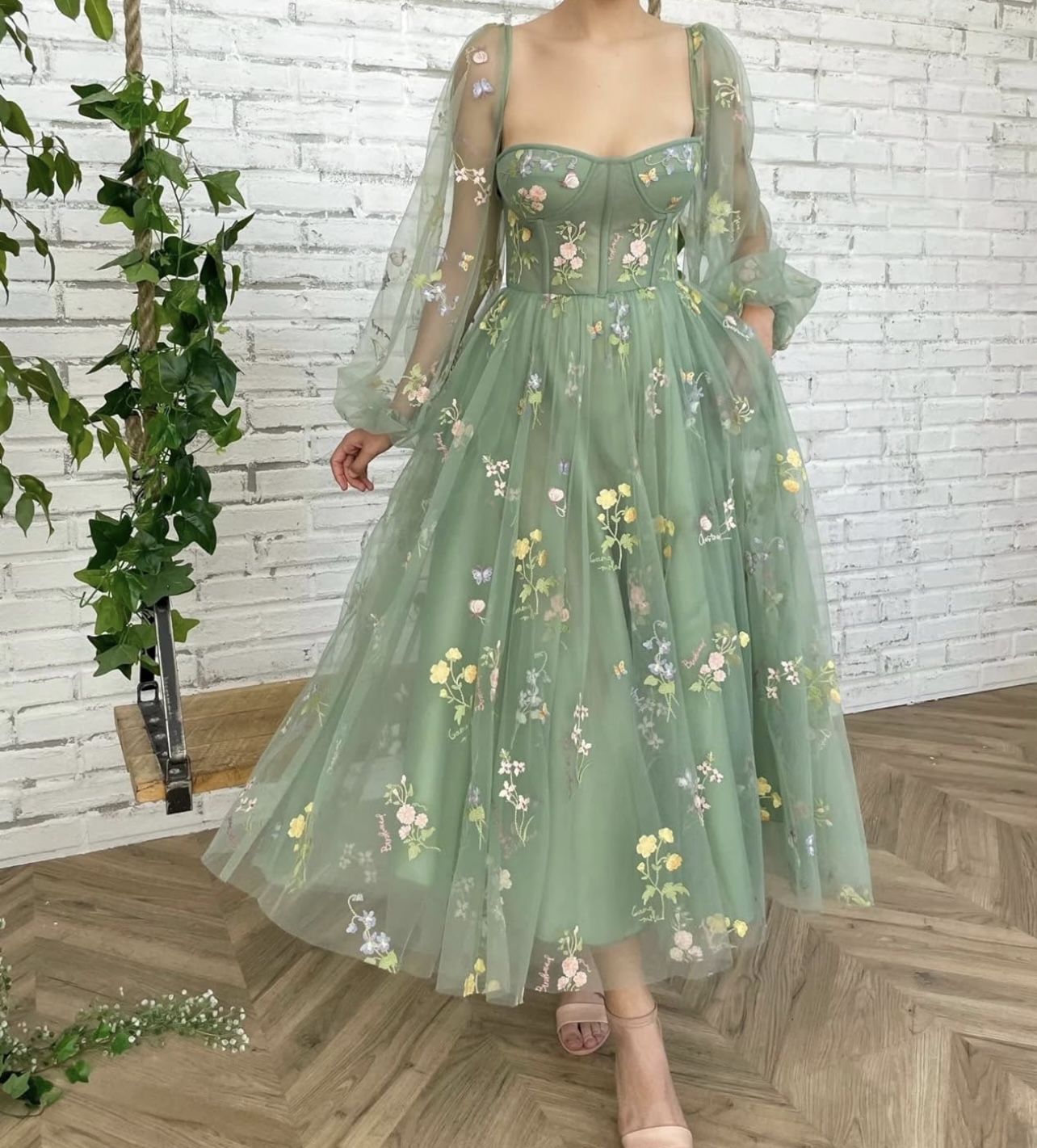 Tulle Flower Embroidery Puffy Sleeve Dress Sage Green