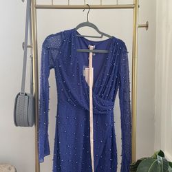  Oh Polly Chelsea Embellished Wrap Over A-Line Mini Dress in Dark Blue s, NWT