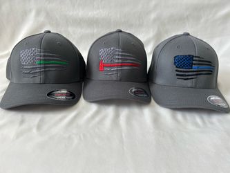 Flexfit Gray American Flag Hat | Thin Blue Red Green Line Cap | Patriotic USA Embroidered Hat | S/M & L/XL