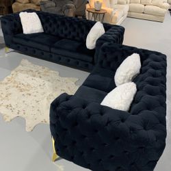 Black velvet tufted living room set / sofa and loveseat / 12 month zero interest