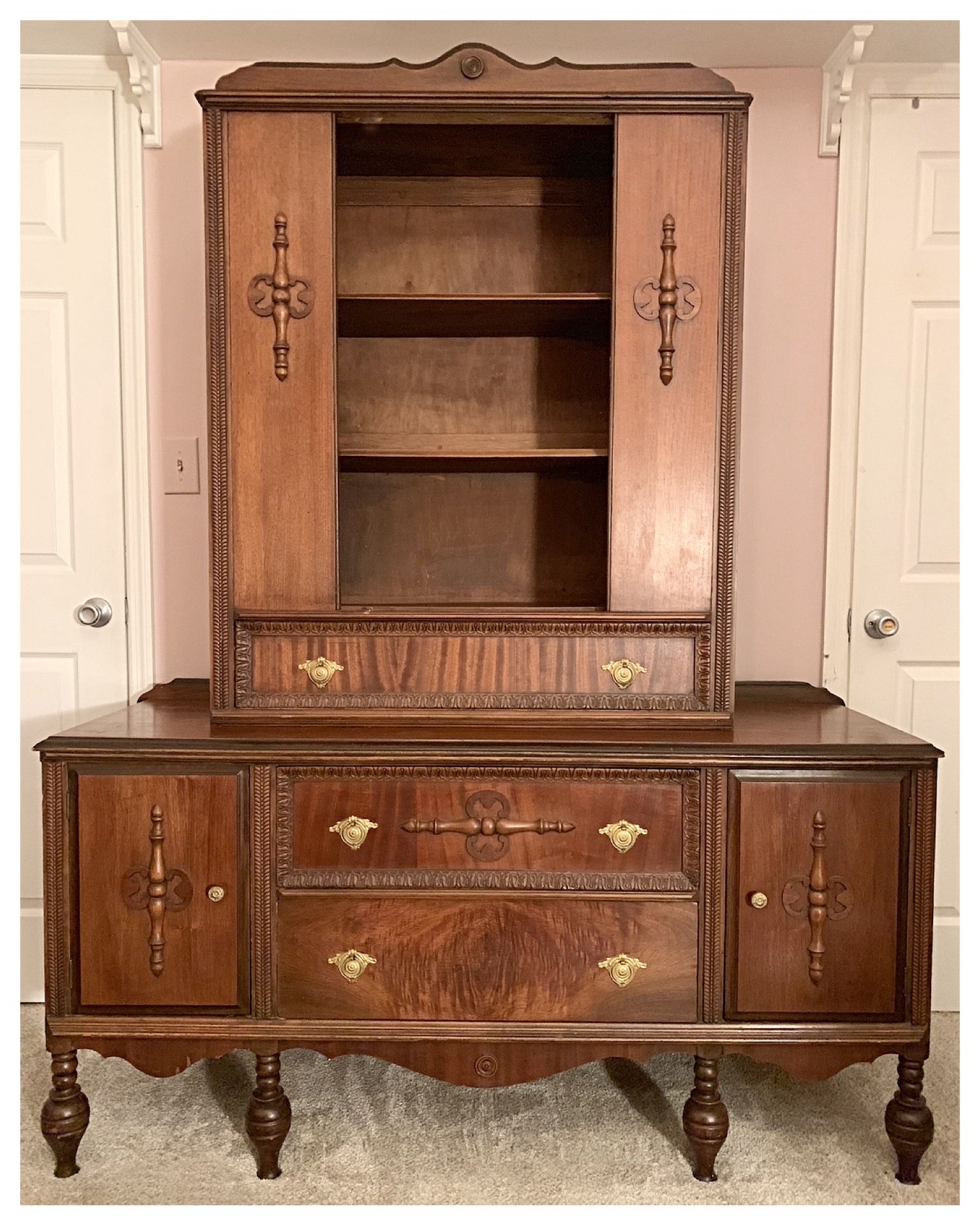 1930s Vintage Tiger Wood Buffet Sideboard and Bookshelf Hutch