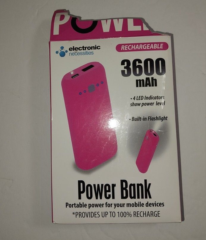 Electronic Necessities 3600mAh Portable Pink Power Bank LED Built-in Flashlight