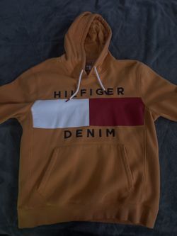 Tommy Hilfiger Denim Yellow Red White Fleece Hoodie Pullover Logo L