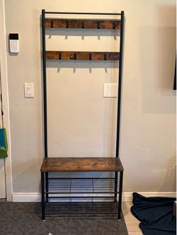 Rustic Industrial Entryway Hall Tree with Bench & Shoe Storage