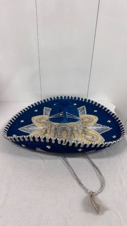 🆕 Handmade Mexican Sombrero Hat Blue Silver Approx 24” Dia