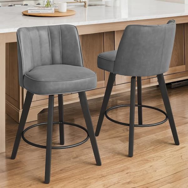 26 in. Dark Gray Modern Faux Leather 360° Swivel High Back Barstool Solid Wood Counter Height stool (Set of 2)