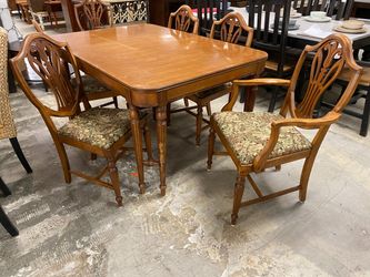 Vintage Dining Table w/ Leaf & 6 Upholstered Shield Back Chairs (Set of 7)