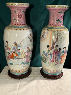 2-ANTIQUE ASIAN 24 INCH PORCELAIN VASES WITH STANDS SET OF 2