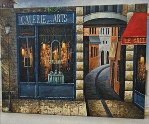 Signed 40" x 30" Textured European Street Café Painting on Canvas