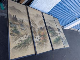 Four Japanese screen panels hand painting scenery BEST DEAL