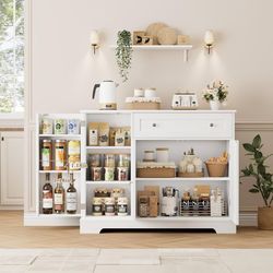 41" W Kitchen Sideboard Buffet Cabinet, Small Coffee Bar, White Modern Kitchen Storage Cabinet with Doors and Shelves, Short Pantry with Large Drawer 