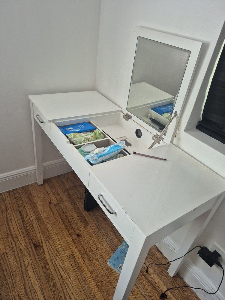 White Vanity Desk with Mirror, Makeup Table Set, 2 Drawers,