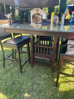 Brown Wooden Table, Glass Table Top