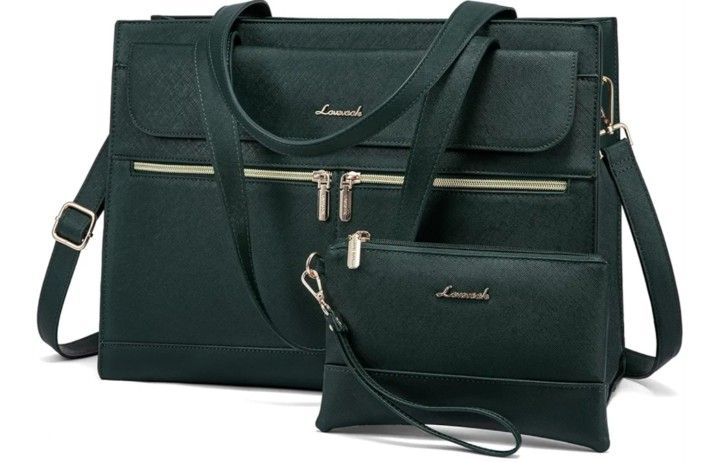 LOVEVOOK 15.6" Women’s Laptop Tote Bag – Professional Waterproof Work Briefcase Purse w/ Clutch – Dark Green