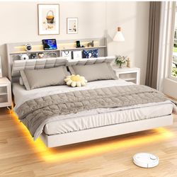 Floating King Size Bed With Storage + 2 Floating Nighstand With Drawers