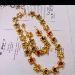 Vintage Flower Copper Plated With 18k Gold Necklace And Bracelet 