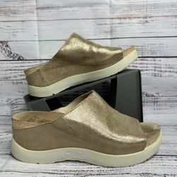 Fly London Sandals Beige Metallic Suede Wedge Slide Womens Size 7.5 US 38 EU