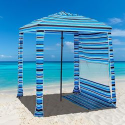 Beach Canopy UPF 50+, 6'×6', Easy Set up and Take Down Tent with Sand Pockets, Side Wall Shade Wind Waterproof for Kids, Family & Friends, Blue Stripe