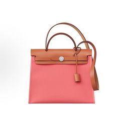 HERMES Herbag Zip Metal Accessories Canvas Cowhide Handbag Women's Rose Pink(223)82