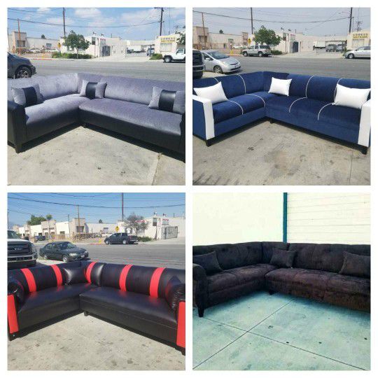 Brand NEW 7X9FT Sectional COUCHES, BROWN, GREYBLACK NAVY WHITE FABRIC AND BLACK RED LEATHER Sofas 2pcs (Couch And Loveseat Available)