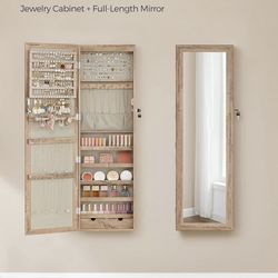 6 LEDs Mirror Jewelry Cabinet, 47.2-Inch Tall Lockable Wall or Door Mounted Jewelry Armoire Organizer with Mirror, 2 Drawers, 3.9 x 14.6 x 47.2 Inches