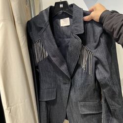 Cinq a Sept Sasha Rhinestone Fringe Denim Blazer