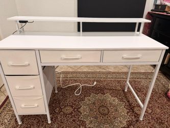 Seventable Computer Desk with Power Outlets & LED Light, 47 inch Home Office Desk with 5 Drawers, Writing Desk with Monitor Stand, bag hanger on side