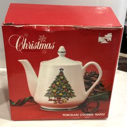 Vtg Christmas Tree Porcelain Teapot Made in Japan - Never Used In Original Box   Decorated Christmas Tree with Angel on Top and Train Below