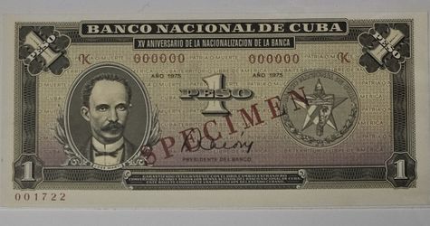 1 PESO 1975 SPECIMEN JOSE MARTI UNC