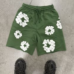 Green And Grey Denim Tear Shorts