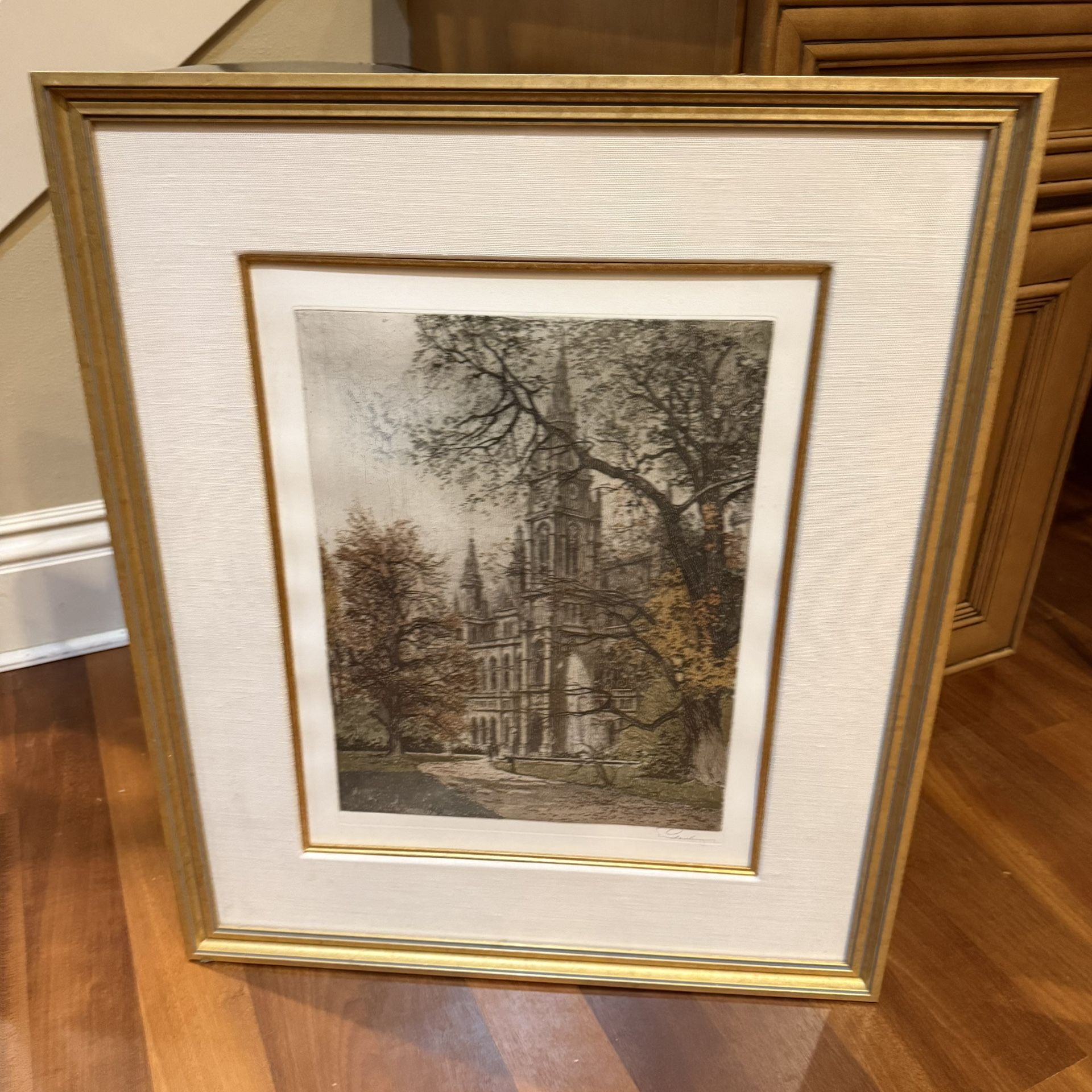 John Taylor Arms Hand Colored Etching Cathedral Signed Vintage Framed Art 23x27
