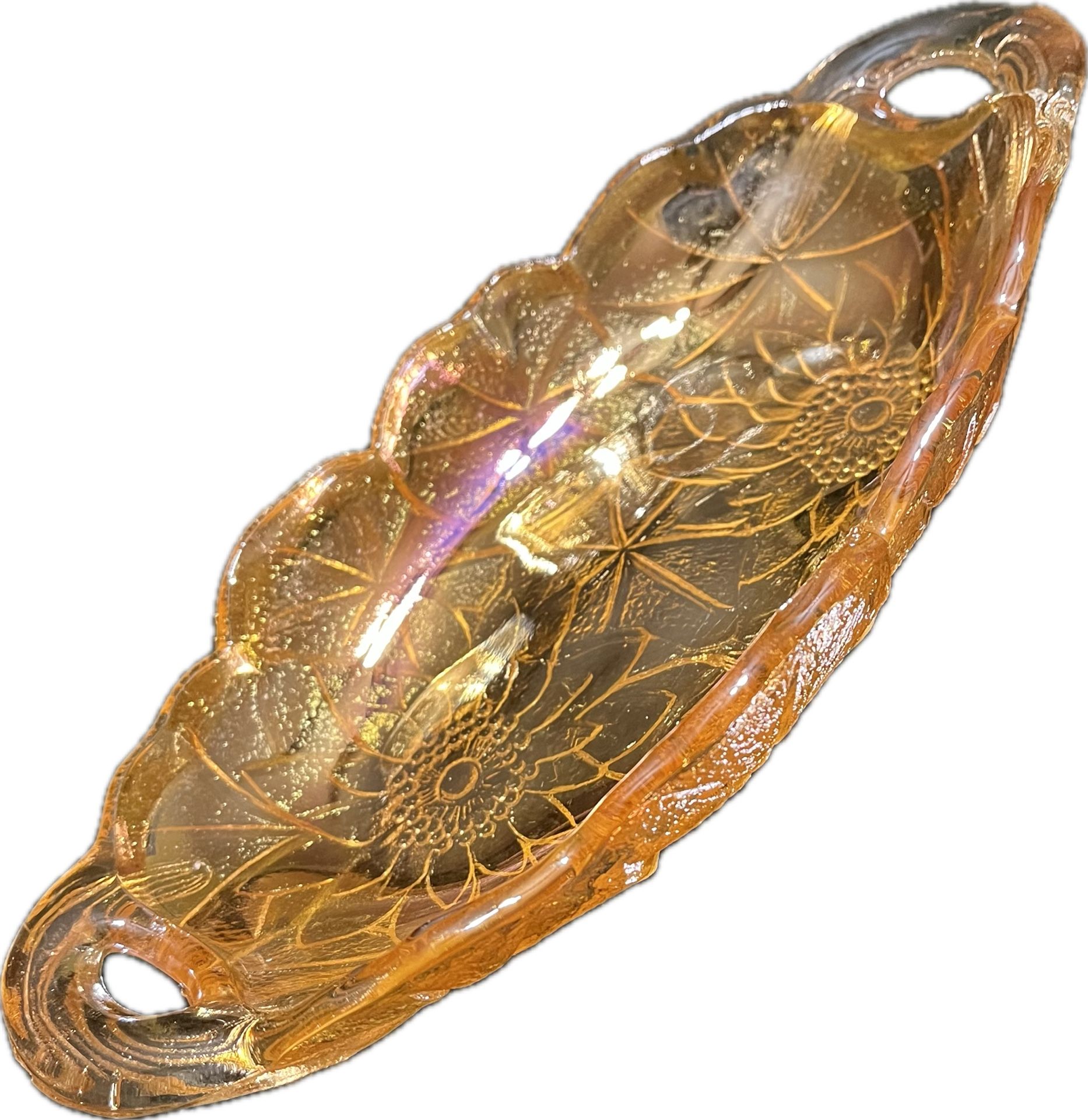 Vintage Indiana Carnival Glass Oval Sunflower Amber Candy/Relish Dish 9.5” excellent condition