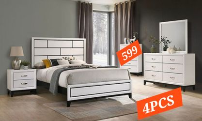 White 4-Piece Bedroom Set with Bed, Dresser, Mirror & Nightstand